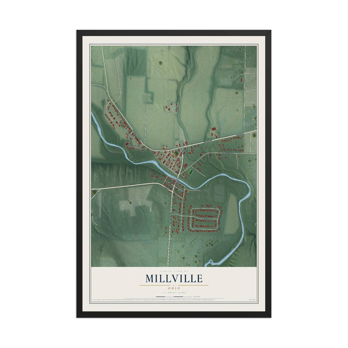 Map of Millville, Ohio, 12 x 18 inch print in a black wood frame