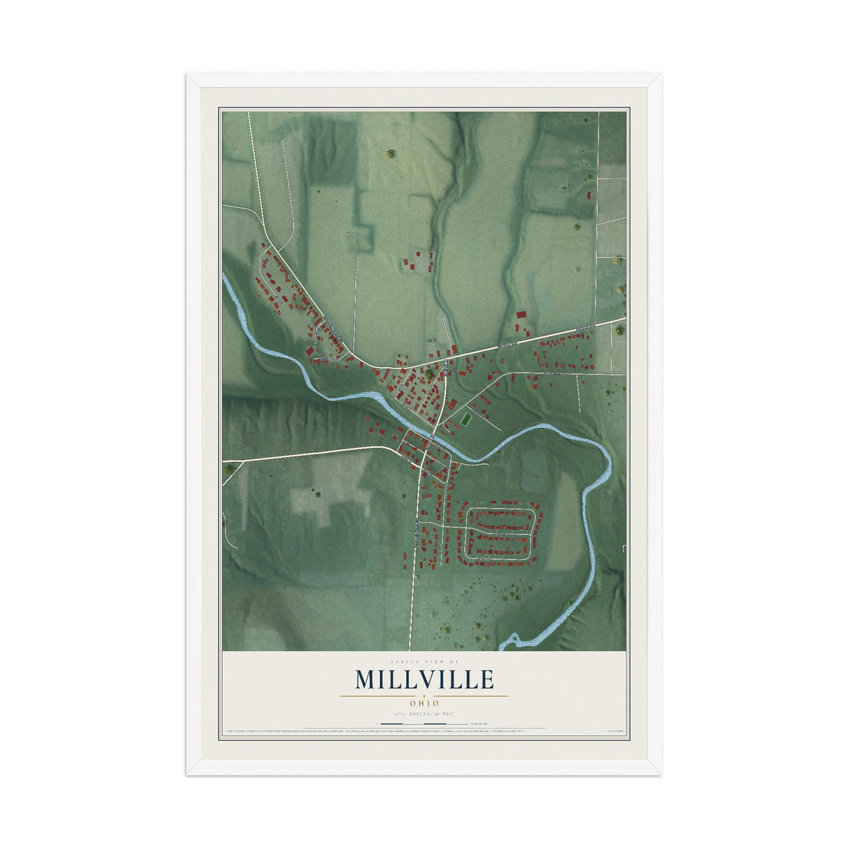 Map of Millville, Ohio, 12 x 18 inch print in a white wood frame