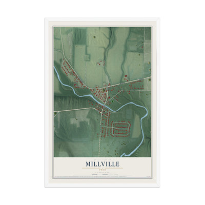 Map of Millville, Ohio, 12 x 18 inch print in a white wood frame