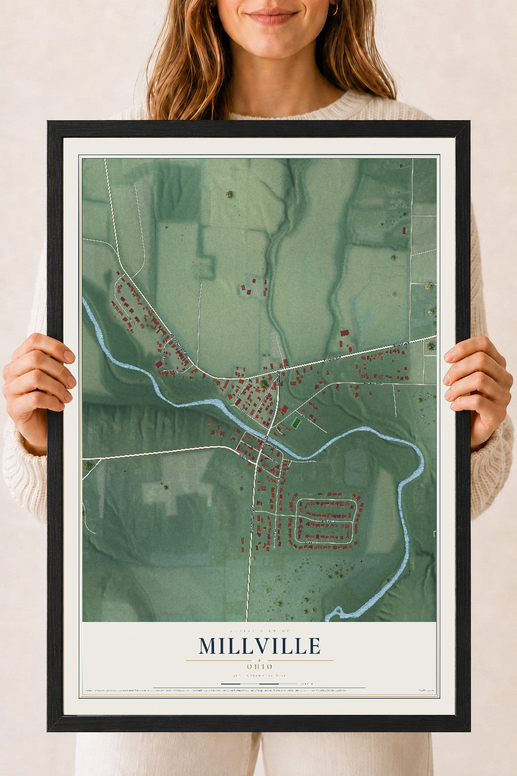 Map of Millville, Ohio, 18 x 24 inch print in a black wood frame