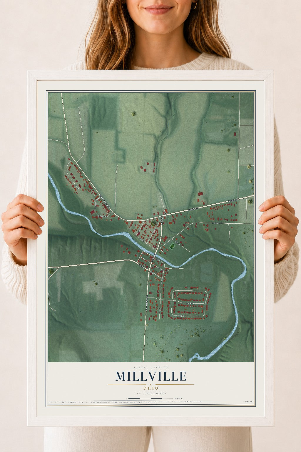 Map of Millville, Ohio, 18 x 24 inch print in a white wood frame