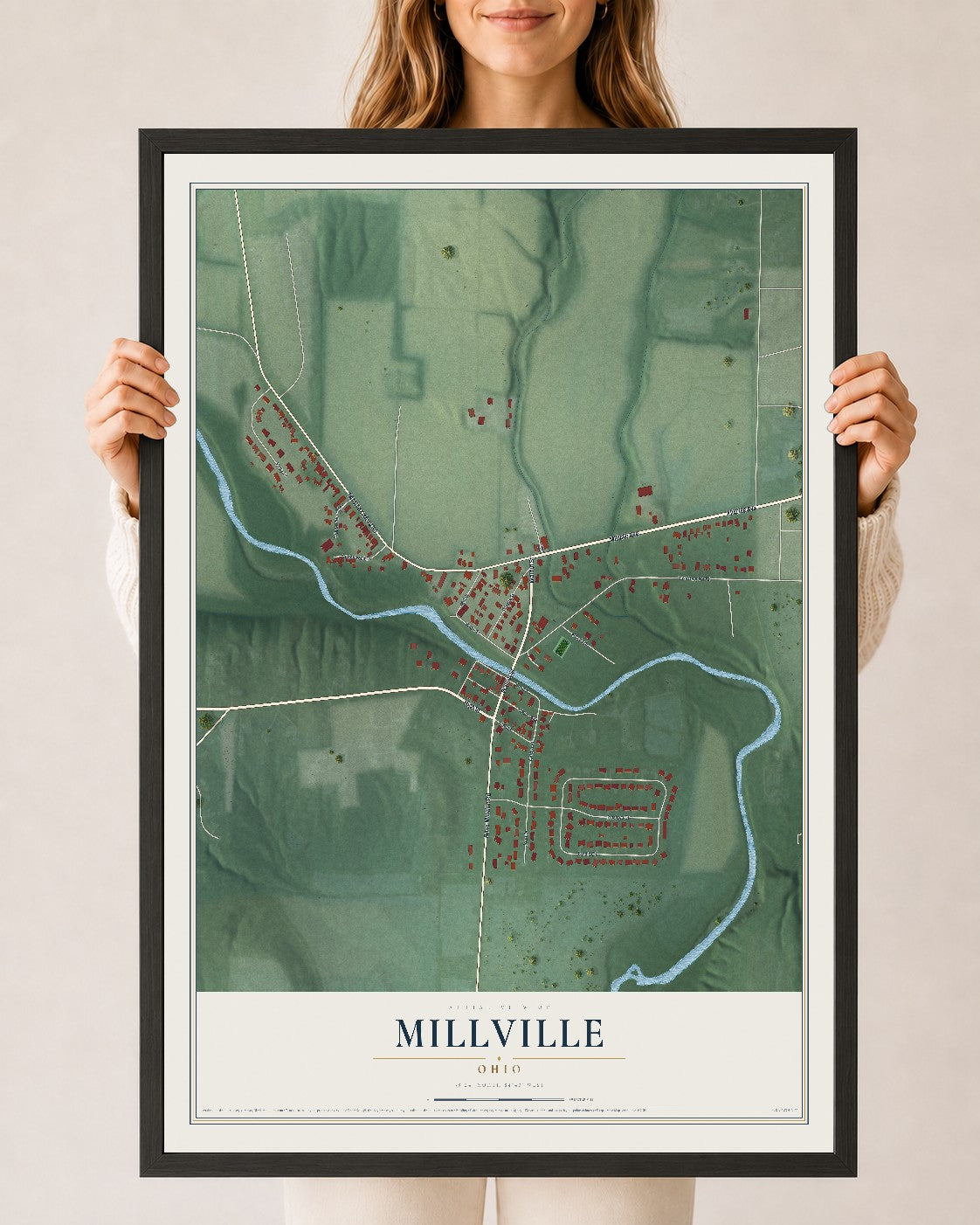 Map of Millville, Ohio, 24 x 36 inch print in a black wood frame