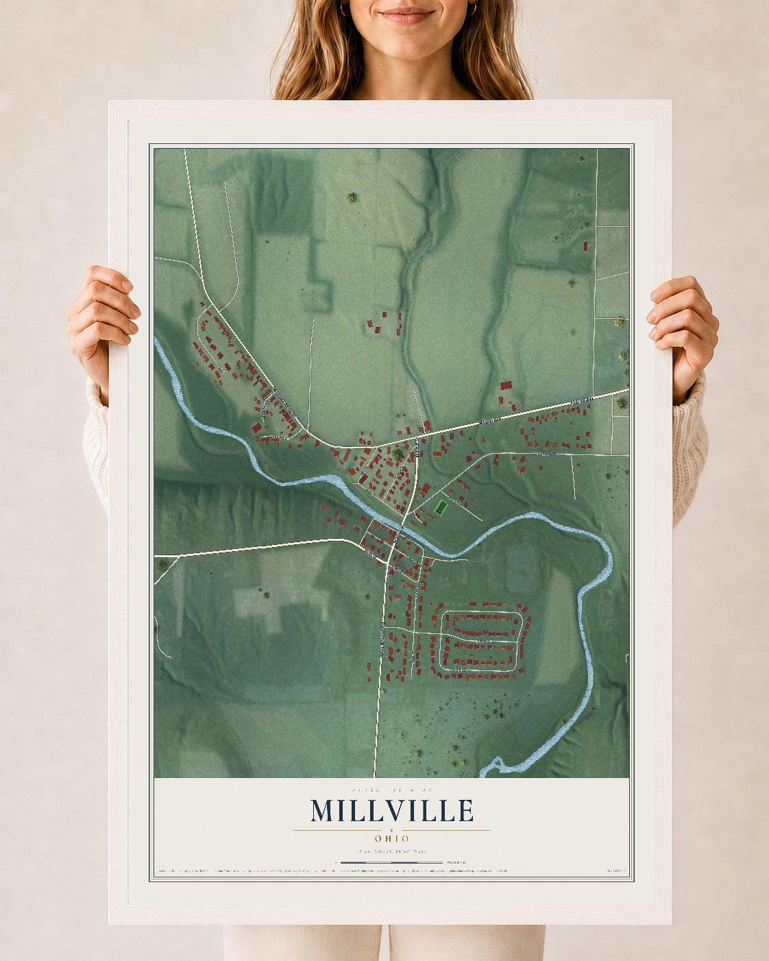 Map of Millville, Ohio, 24 x 36 inch print in a white wood frame