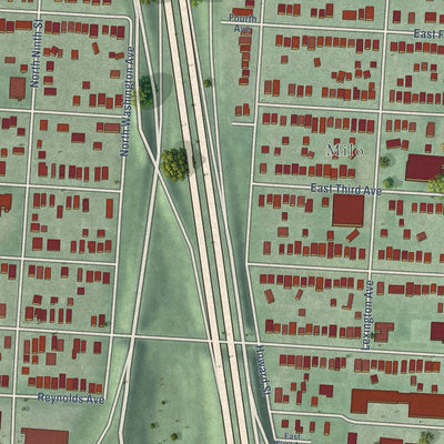 Close-up of the map of Milo-Grogan, Ohio print showing street and building detail