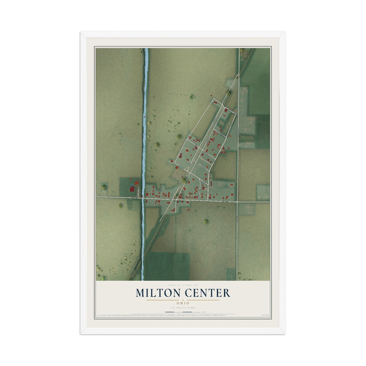 Map of Milton Center, Ohio, 12 x 18 inch print in a white wood frame