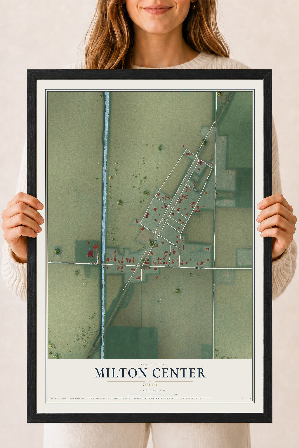 Map of Milton Center, Ohio, 18 x 24 inch print in a black wood frame