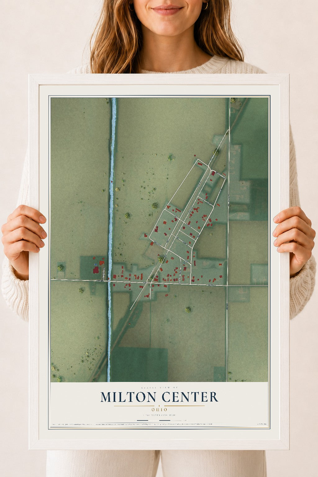 Map of Milton Center, Ohio, 18 x 24 inch print in a white wood frame