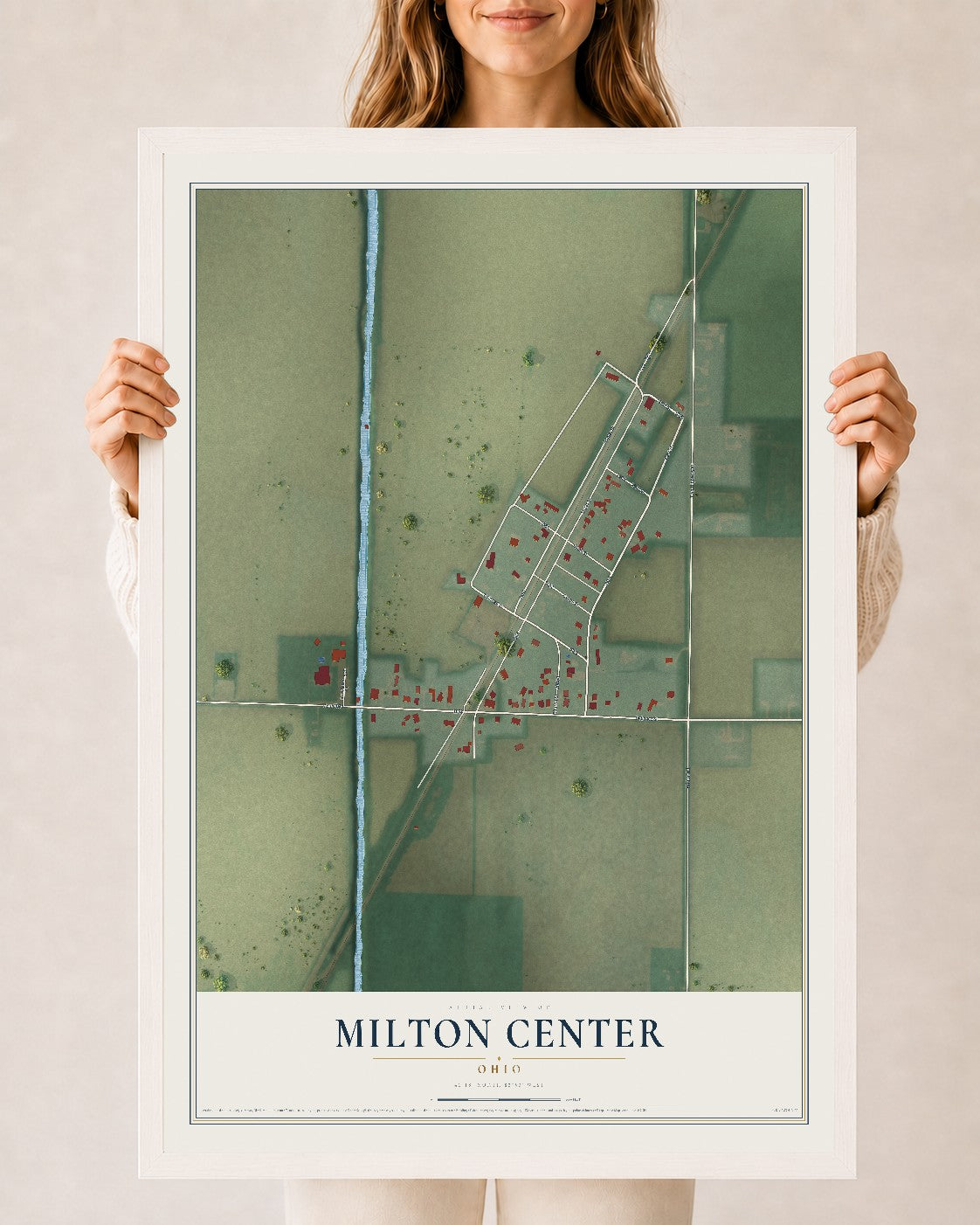 Map of Milton Center, Ohio, 24 x 36 inch print in a white wood frame