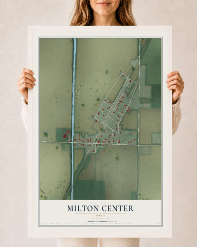 Map of Milton Center, Ohio, 24 x 36 inch print in a white wood frame