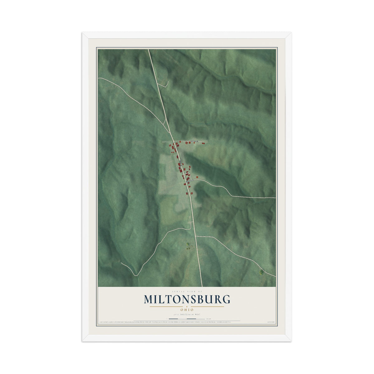 Map of Miltonsburg, Ohio, 12 x 18 inch print in a white wood frame