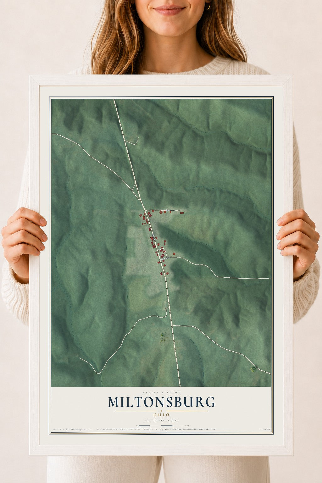 Map of Miltonsburg, Ohio, 18 x 24 inch print in a white wood frame