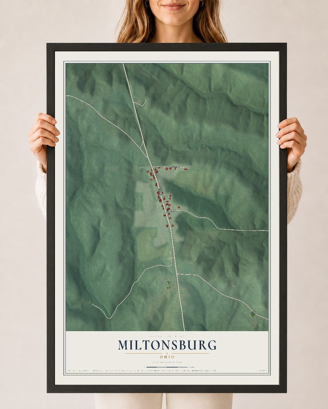Map of Miltonsburg, Ohio, 24 x 36 inch print in a black wood frame