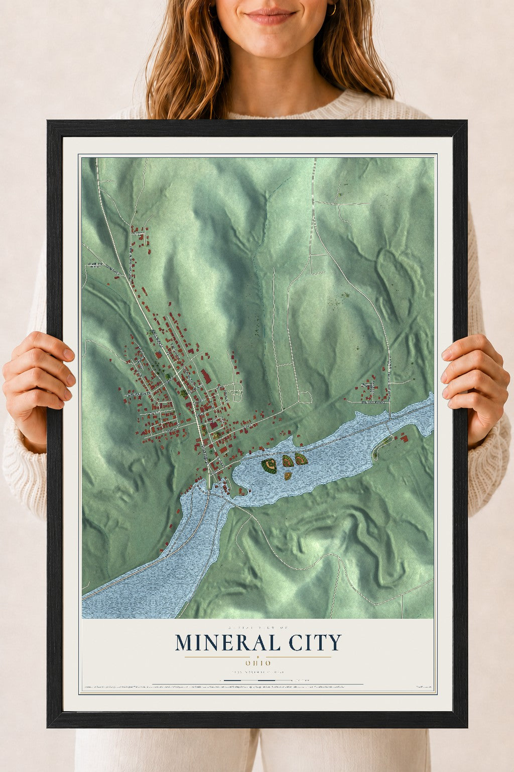Map of Mineral City, Ohio, 18 x 24 inch print in a black wood frame