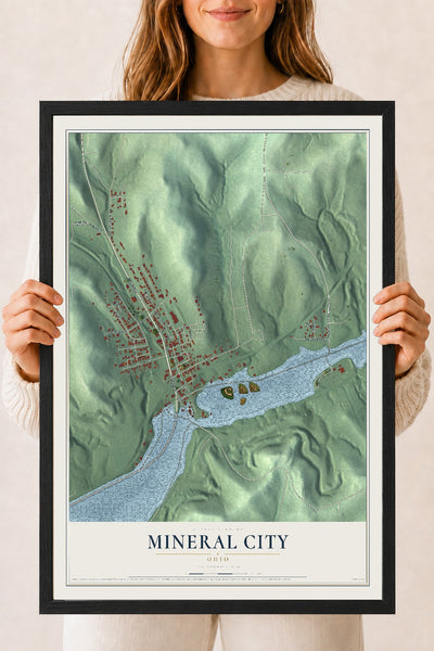 Map of Mineral City, Ohio, 18 x 24 inch print in a black wood frame