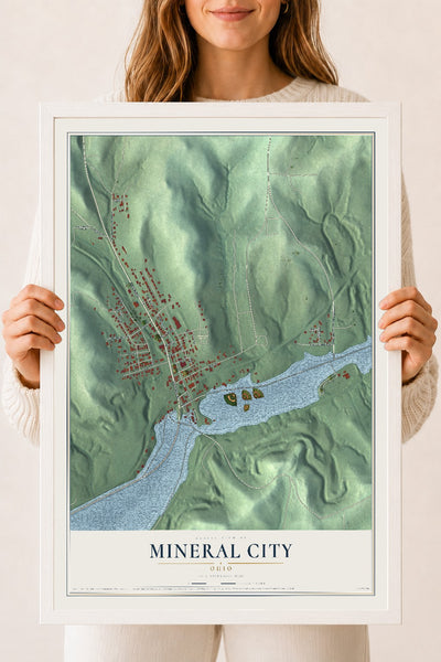 Map of Mineral City, Ohio, 18 x 24 inch print in a white wood frame