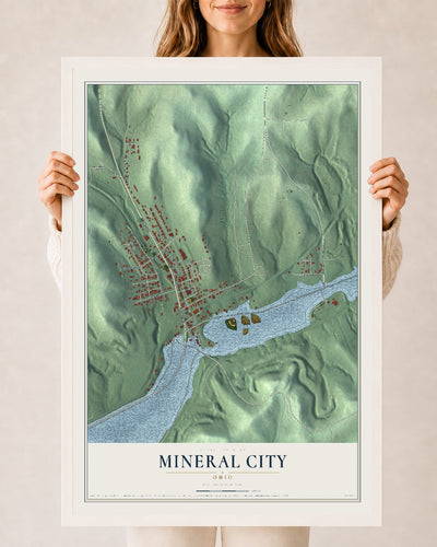 Map of Mineral City, Ohio, 24 x 36 inch print in a white wood frame
