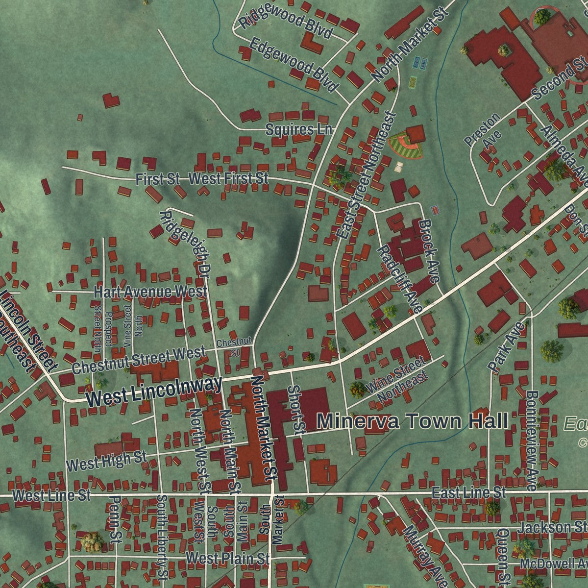 Close-up of the map of Minerva, Ohio print showing street and building detail