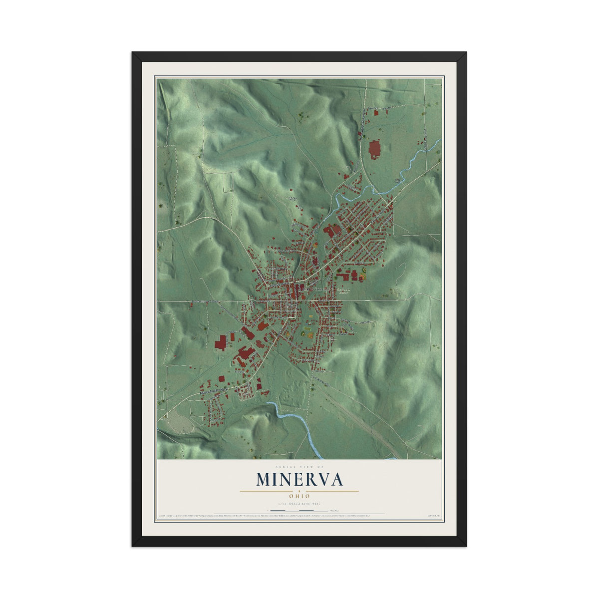 Map of Minerva, Ohio, 12 x 18 inch print in a black wood frame