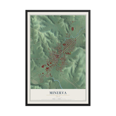 Map of Minerva, Ohio, 12 x 18 inch print in a black wood frame