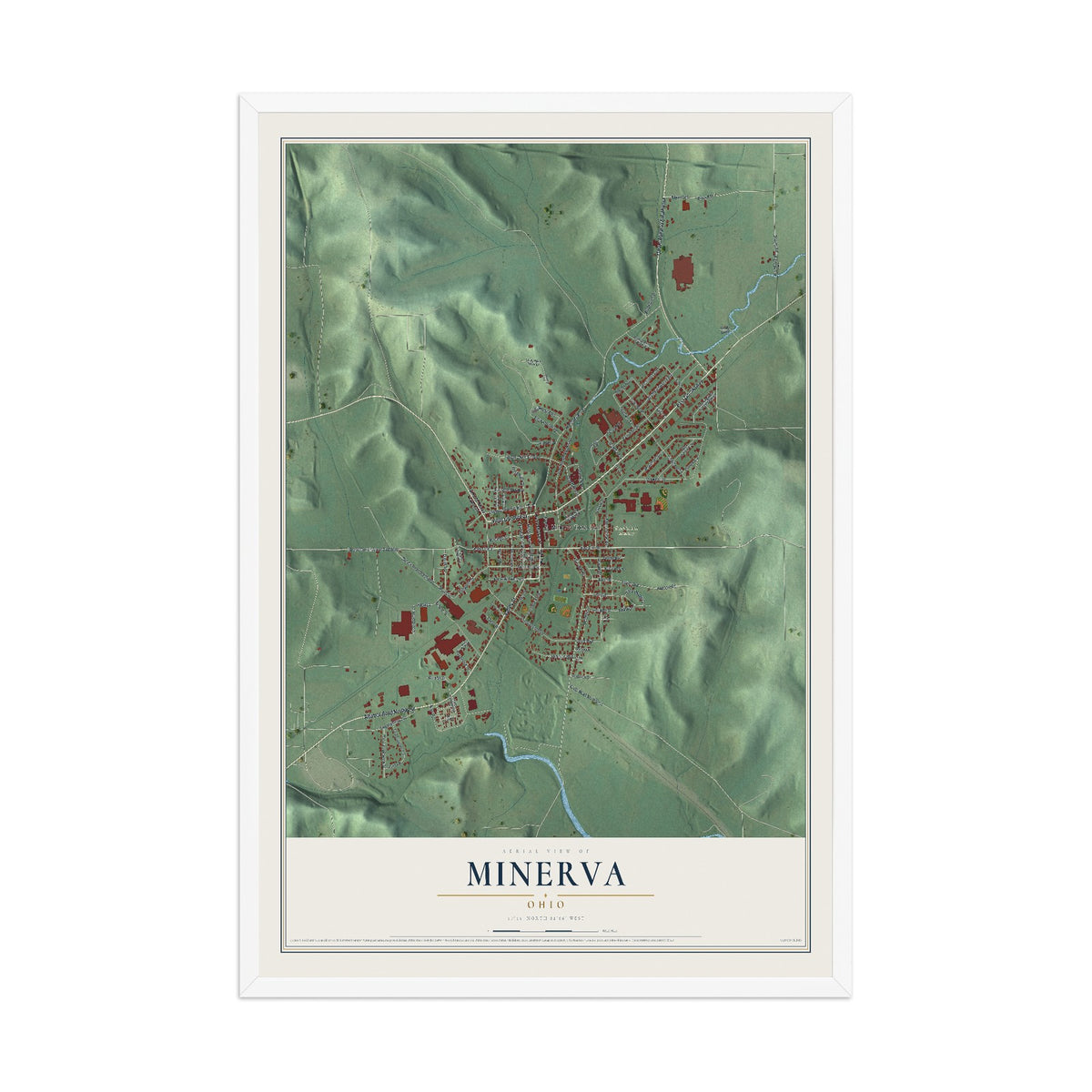 Map of Minerva, Ohio, 12 x 18 inch print in a white wood frame