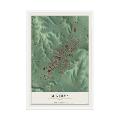 Map of Minerva, Ohio, 12 x 18 inch print in a white wood frame