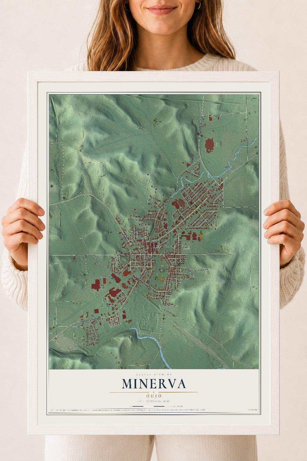 Map of Minerva, Ohio, 18 x 24 inch print in a white wood frame