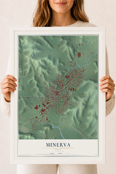 Map of Minerva, Ohio, 18 x 24 inch print in a white wood frame