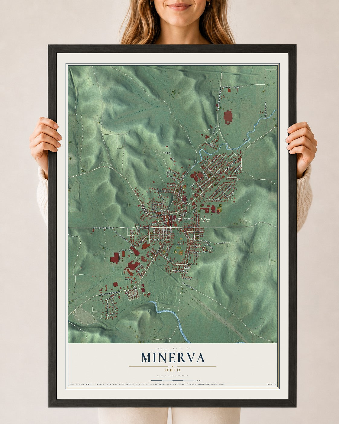 Map of Minerva, Ohio, 24 x 36 inch print in a black wood frame