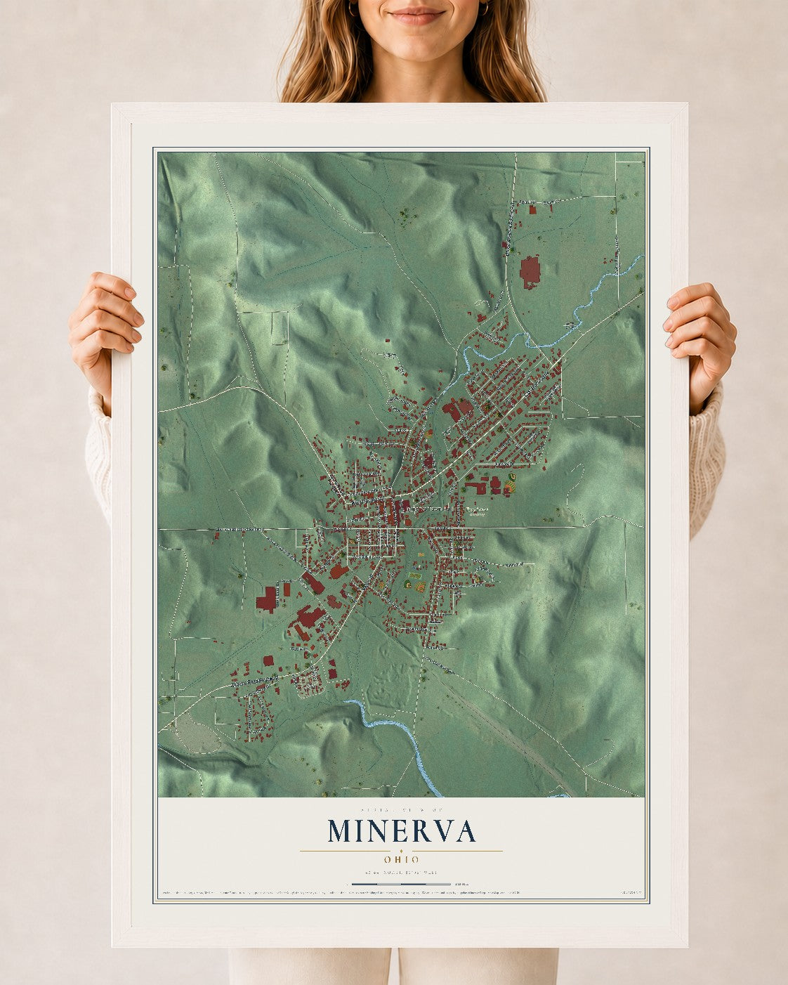 Map of Minerva, Ohio, 24 x 36 inch print in a white wood frame