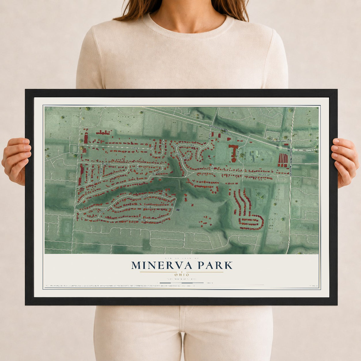 Map of Minerva Park, Ohio, 12 x 18 inch print in a black wood frame