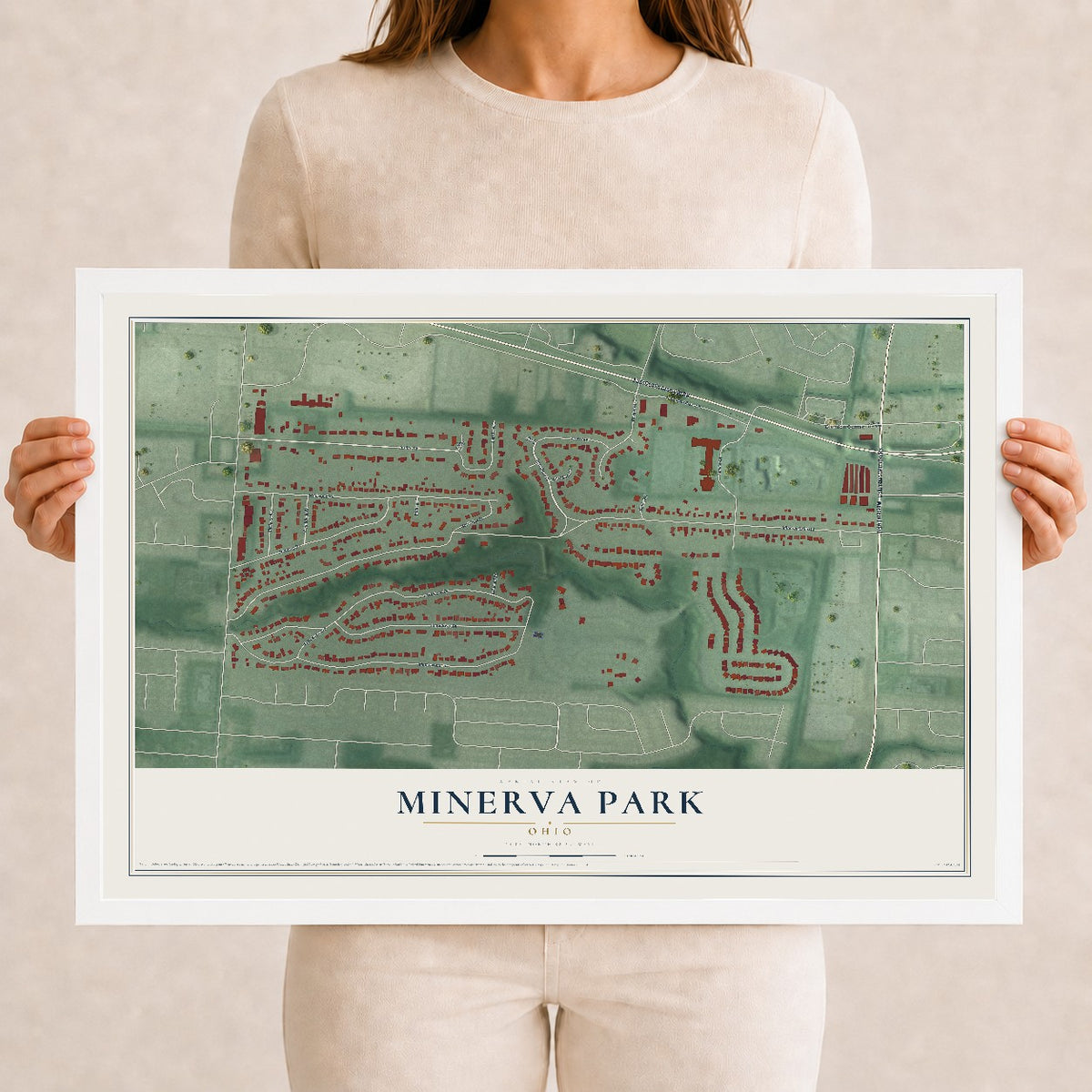 Map of Minerva Park, Ohio, 12 x 18 inch print in a white wood frame