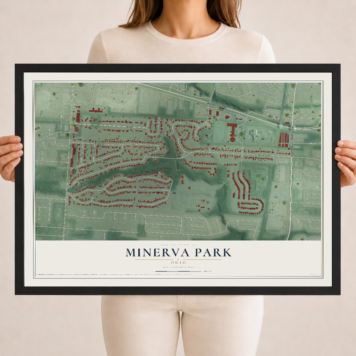 Map of Minerva Park, Ohio, 18 x 24 inch print in a black wood frame