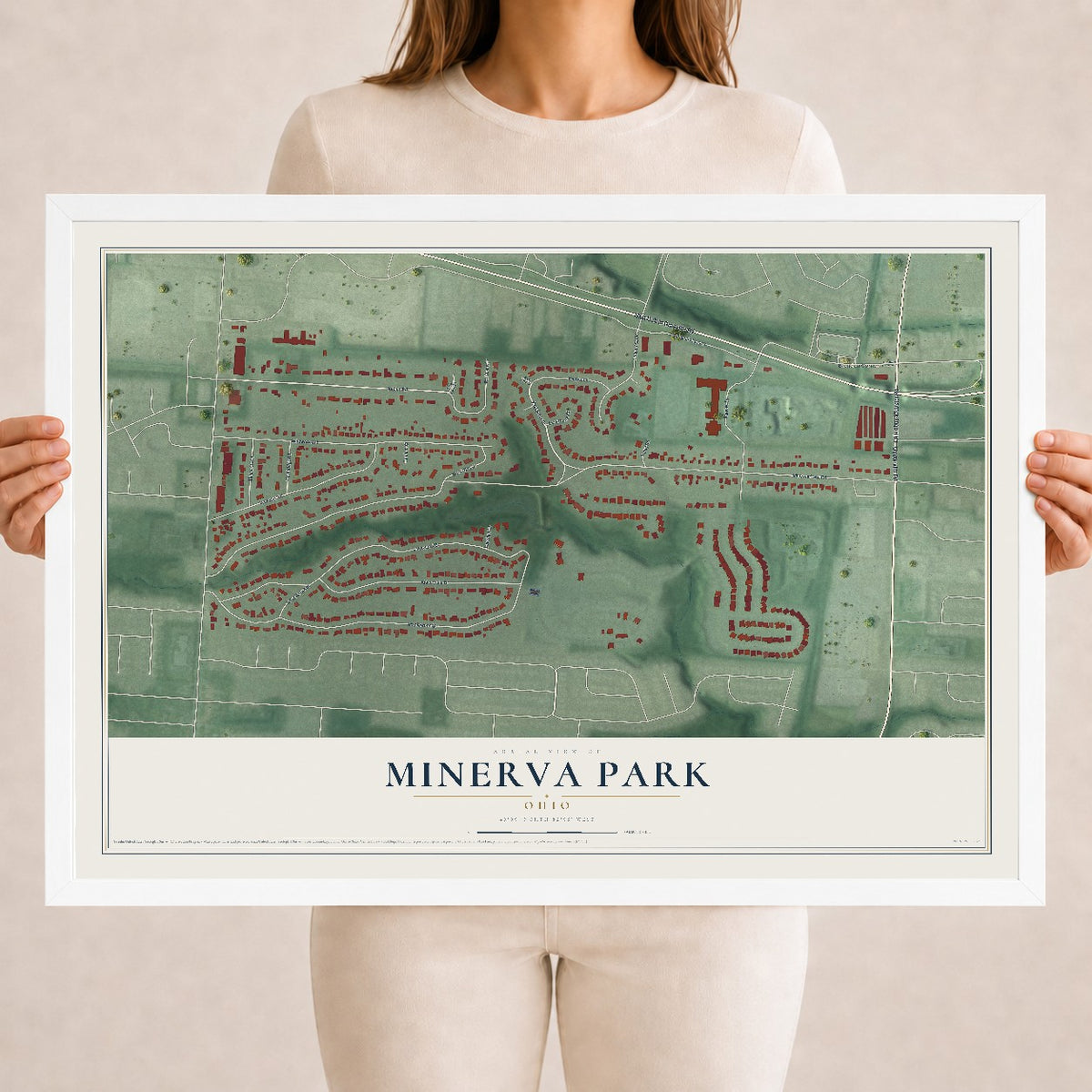 Map of Minerva Park, Ohio, 18 x 24 inch print in a white wood frame