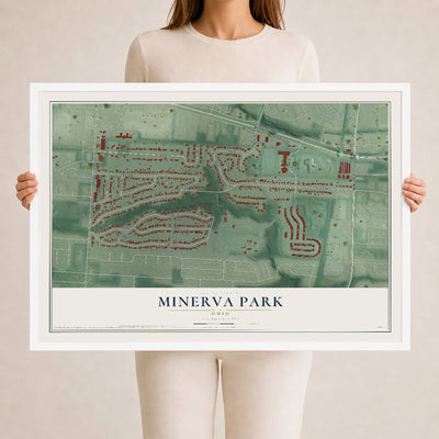 Map of Minerva Park, Ohio, 24 x 36 inch print in a white wood frame