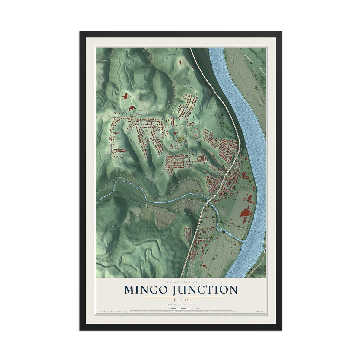 Map of Mingo Junction, Ohio, 12 x 18 inch print in a black wood frame