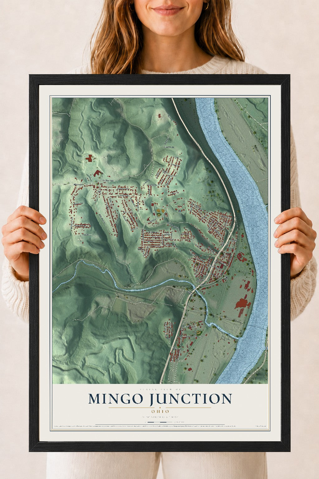 Map of Mingo Junction, Ohio, 18 x 24 inch print in a black wood frame