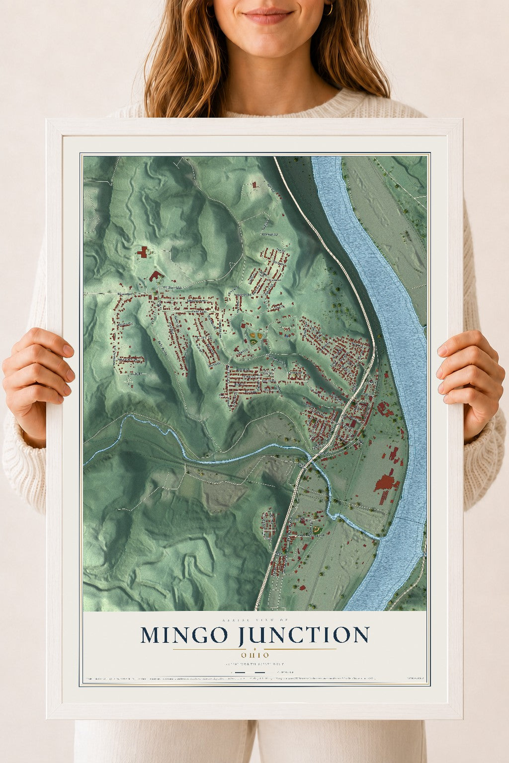 Map of Mingo Junction, Ohio, 18 x 24 inch print in a white wood frame