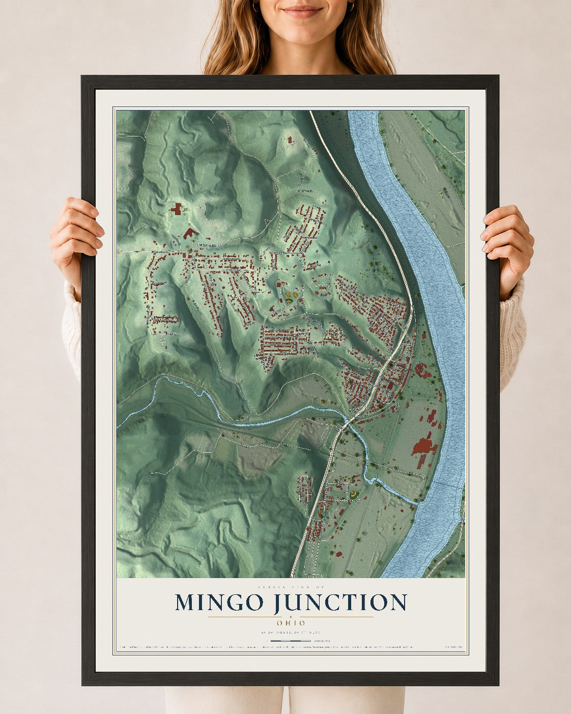 Map of Mingo Junction, Ohio, 24 x 36 inch print in a black wood frame