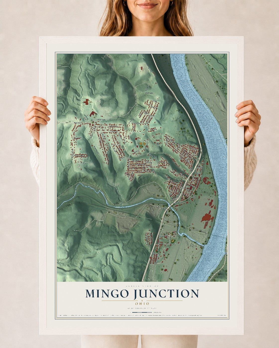Map of Mingo Junction, Ohio, 24 x 36 inch print in a white wood frame