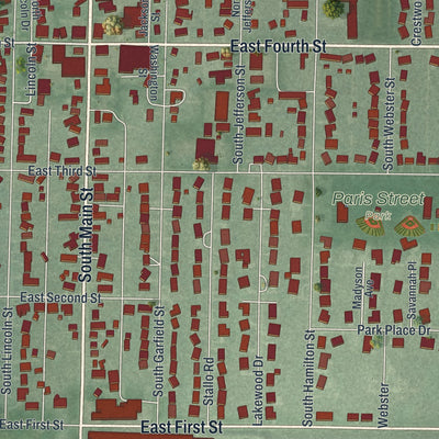Close-up of the map of Minster, Ohio print showing street and building detail