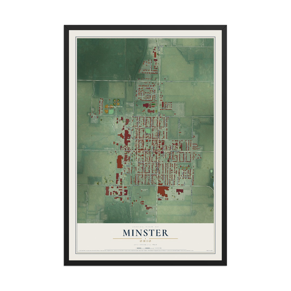 Map of Minster, Ohio, 12 x 18 inch print in a black wood frame