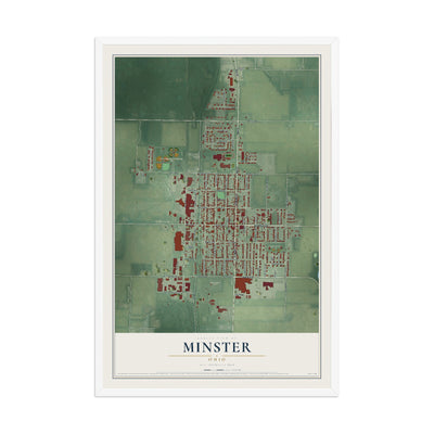 Map of Minster, Ohio, 12 x 18 inch print in a white wood frame