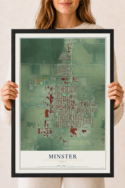 Map of Minster, Ohio, 18 x 24 inch print in a black wood frame