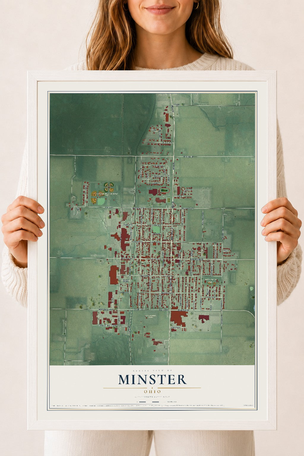 Map of Minster, Ohio, 18 x 24 inch print in a white wood frame