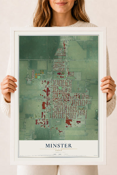 Map of Minster, Ohio, 18 x 24 inch print in a white wood frame