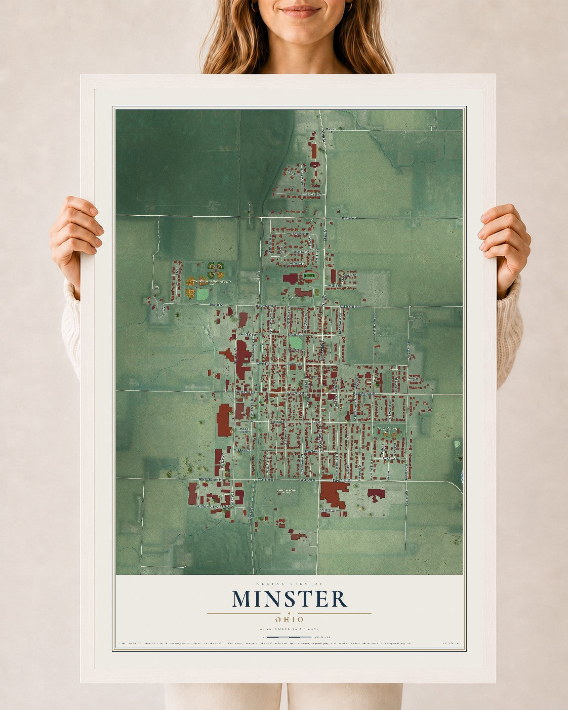 Map of Minster, Ohio, 24 x 36 inch print in a white wood frame
