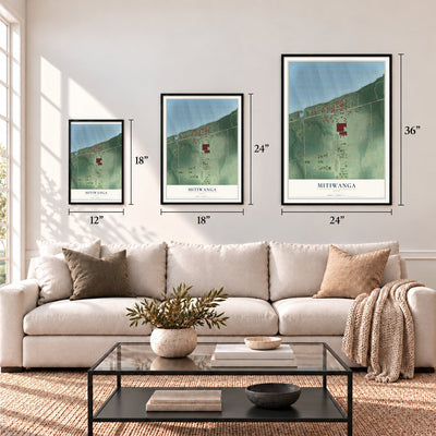 Mitiwanga, Ohio map in 12 x 18, 18 x 24 and 24 x 36 inch sizes above a sofa