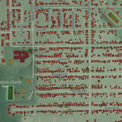 Close-up of the map of Mogadore, Ohio print showing street and building detail