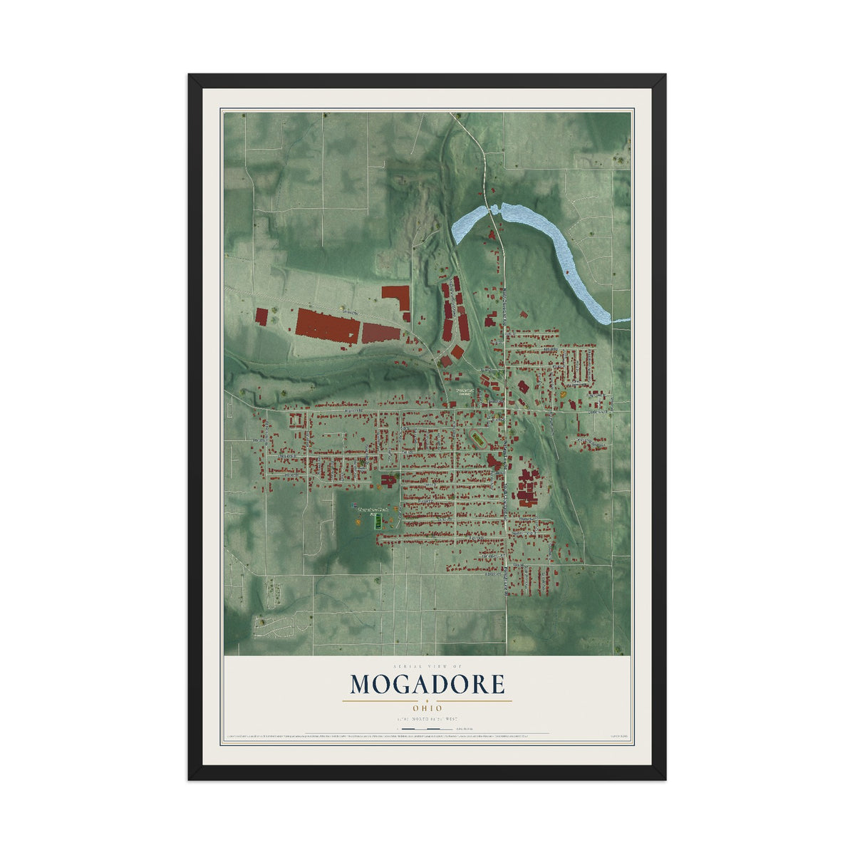 Map of Mogadore, Ohio, 12 x 18 inch print in a black wood frame