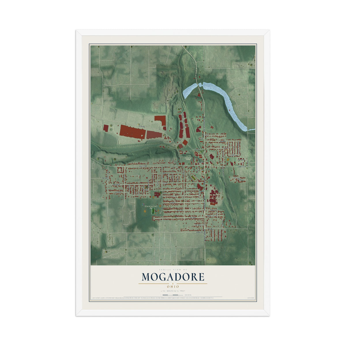 Map of Mogadore, Ohio, 12 x 18 inch print in a white wood frame